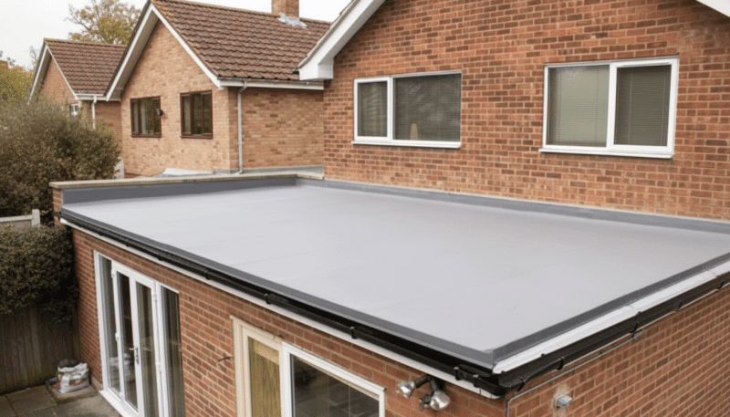 Modern flat roof extension with grey membrane, black guttering, white uPVC windows, and red brick building with pitched roof in background.