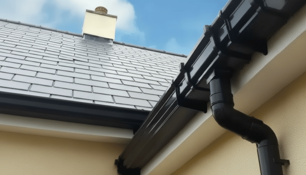 Dark grey tiled roof with a cream chimney, black guttering, and pale yellow house wall under a bright blue sky.